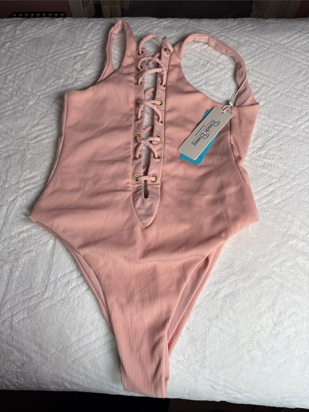 Beach Bunny Pink Ribbed Lace-Up One-Piece Swimsuit